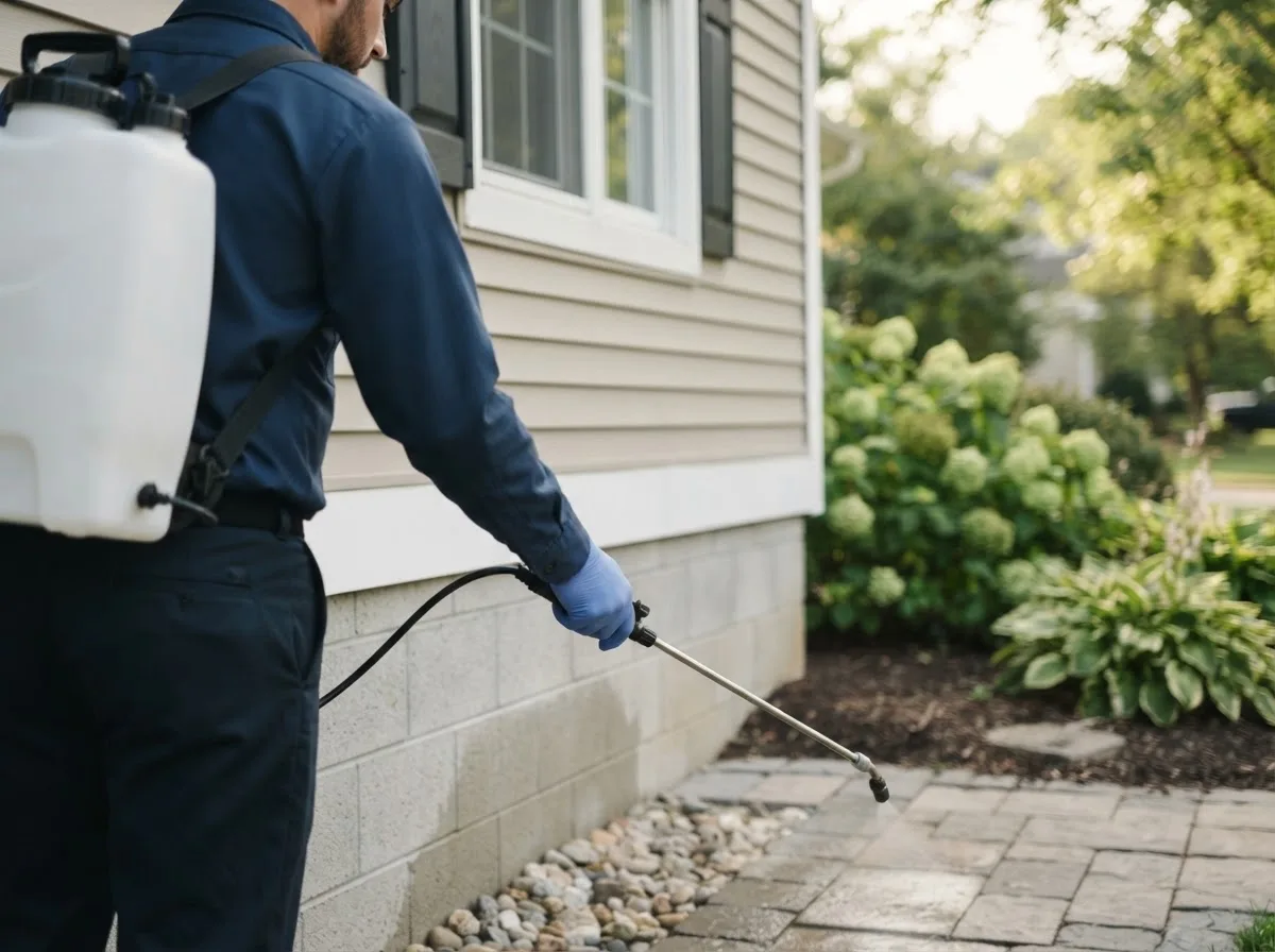 Pest control technician inspecting a home in Forrest, IL